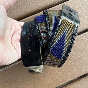 Vintage Black and Blue Beaded Leather Belt Small